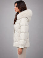 Women's Short Puffer Jacket – Fur Hood Geometric Quilt in Ivory — side view