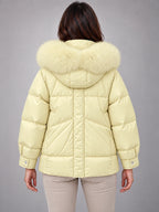 Women's Short Puffer Jacket – Fur Hood Geometric Quilt in Pale Yellow — back view