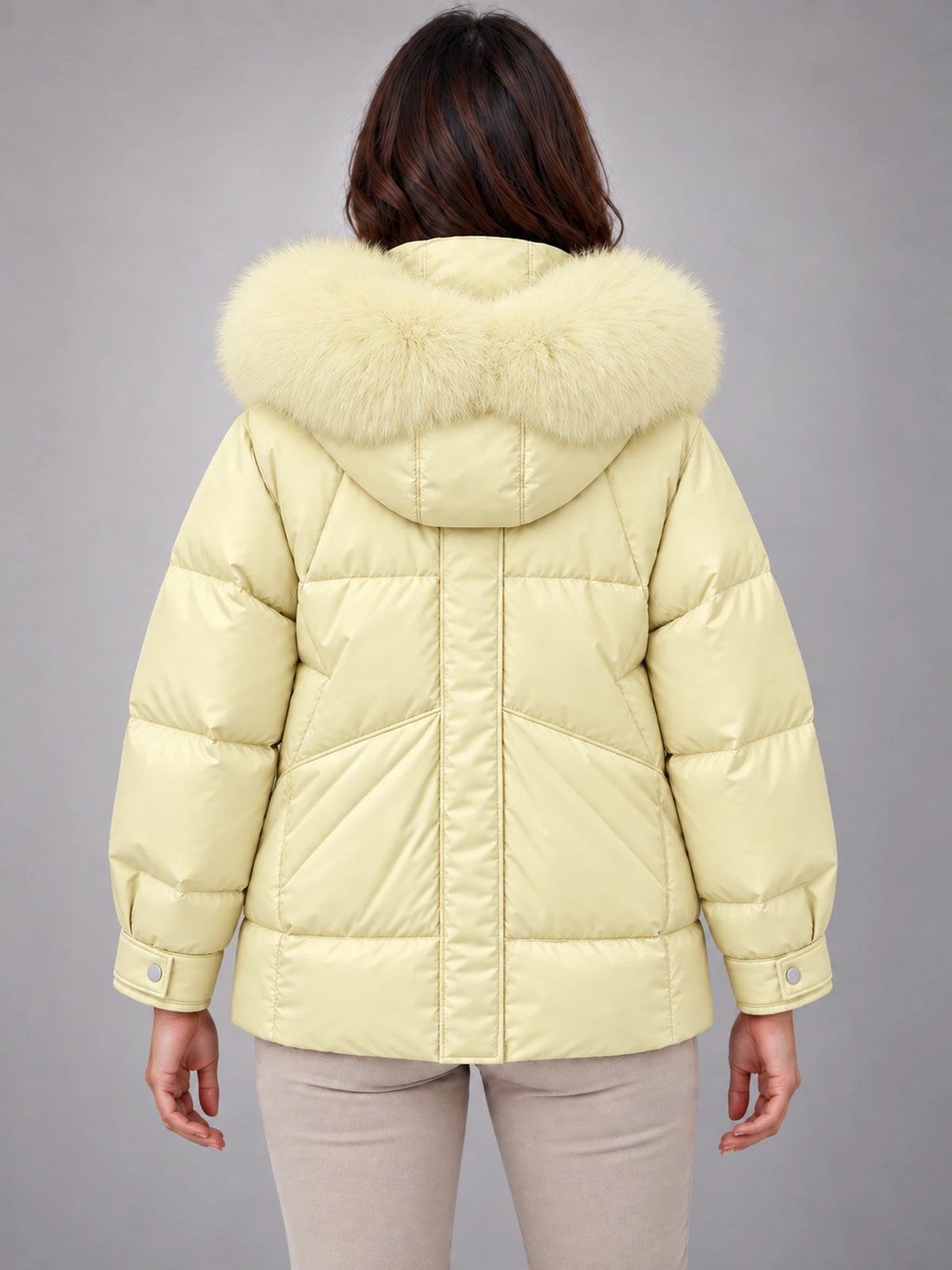 Women's Short Puffer Jacket – Fur Hood Geometric Quilt in Pale Yellow — back view