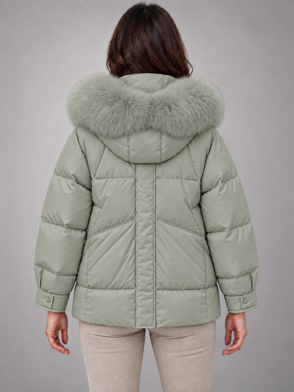 Women's Short Puffer Jacket – Fur Hood Geometric Quilt in Sage Grey — back view