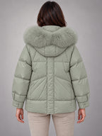 Women's Short Puffer Jacket – Fur Hood Geometric Quilt in Sage Grey — back view