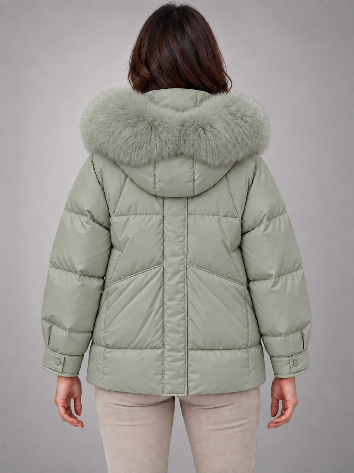 Women's Short Puffer Jacket – Fur Hood Geometric Quilt in Sage Grey — back view