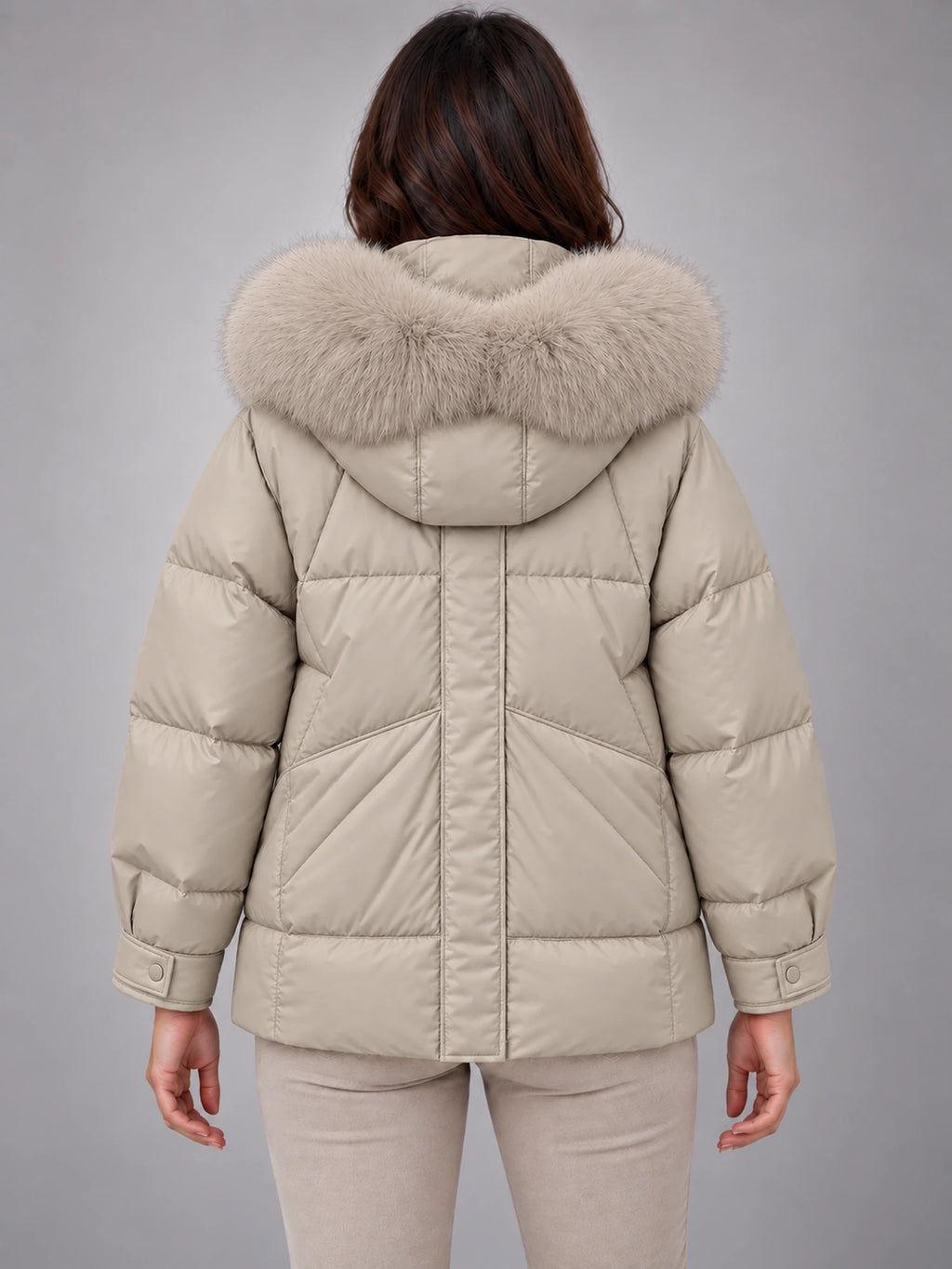 Women's Short Puffer Jacket – Fur Hood Geometric Quilt in Stone Beige — back view