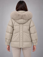 Women's Short Puffer Jacket – Fur Hood Geometric Quilt in Stone Beige — back view