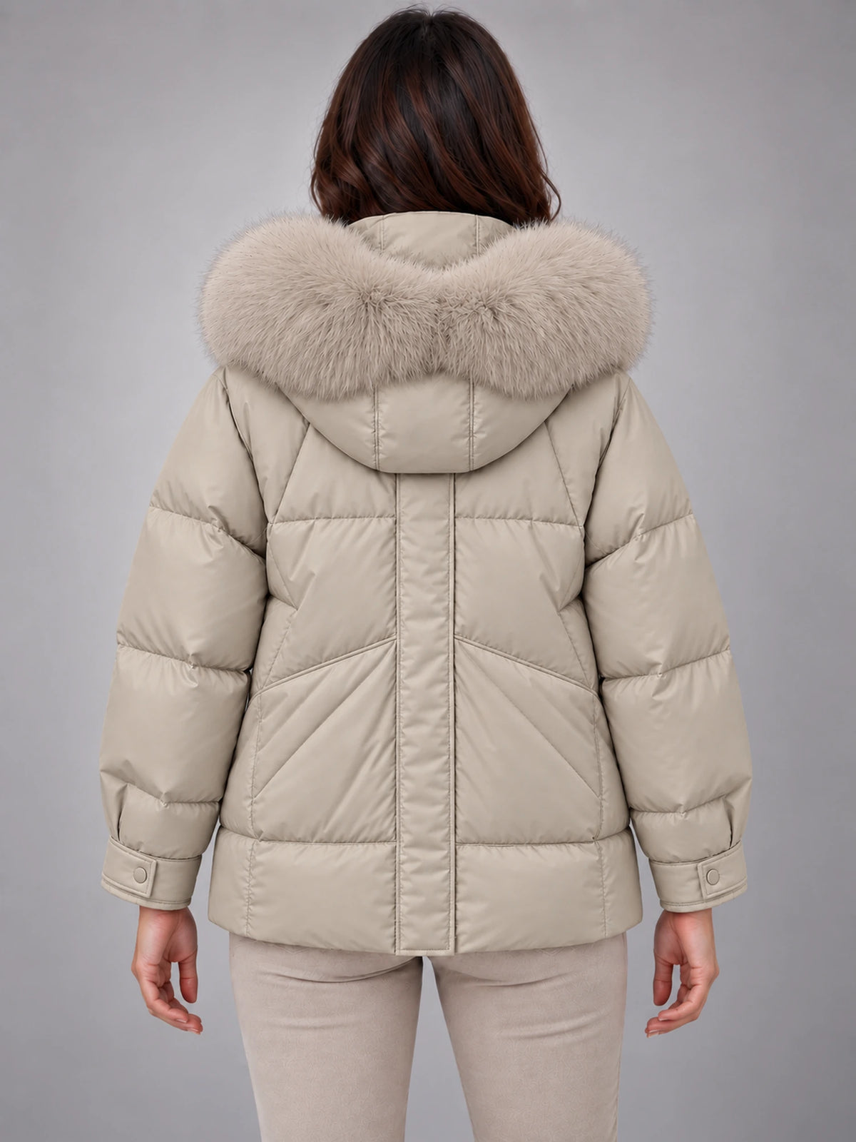 Women's Short Puffer Jacket – Fur Hood Geometric Quilt in Stone Beige — back view