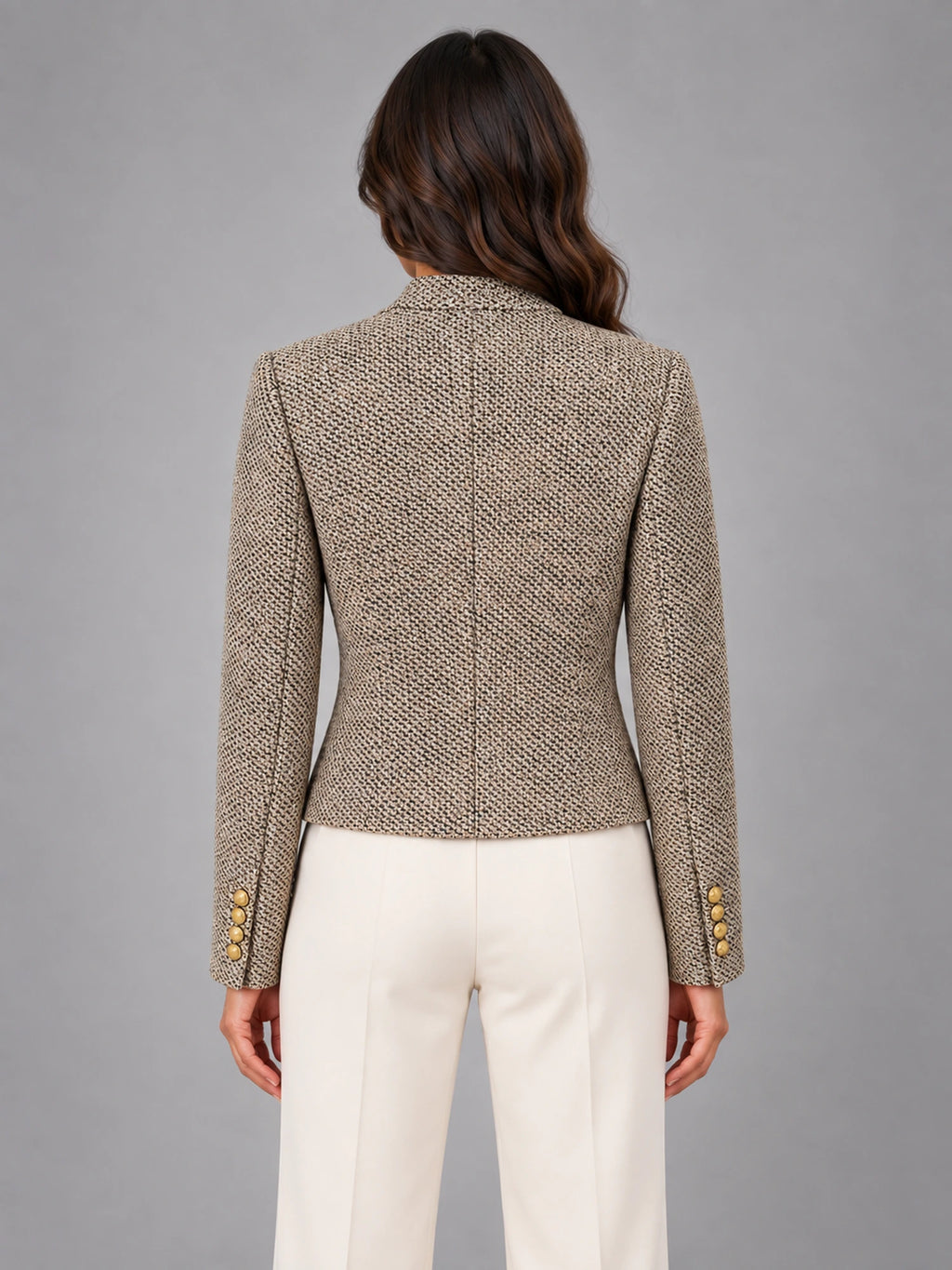 Women's Short Tweed-Style Jacket – Classic Petite in Beige Black Tweed — back view