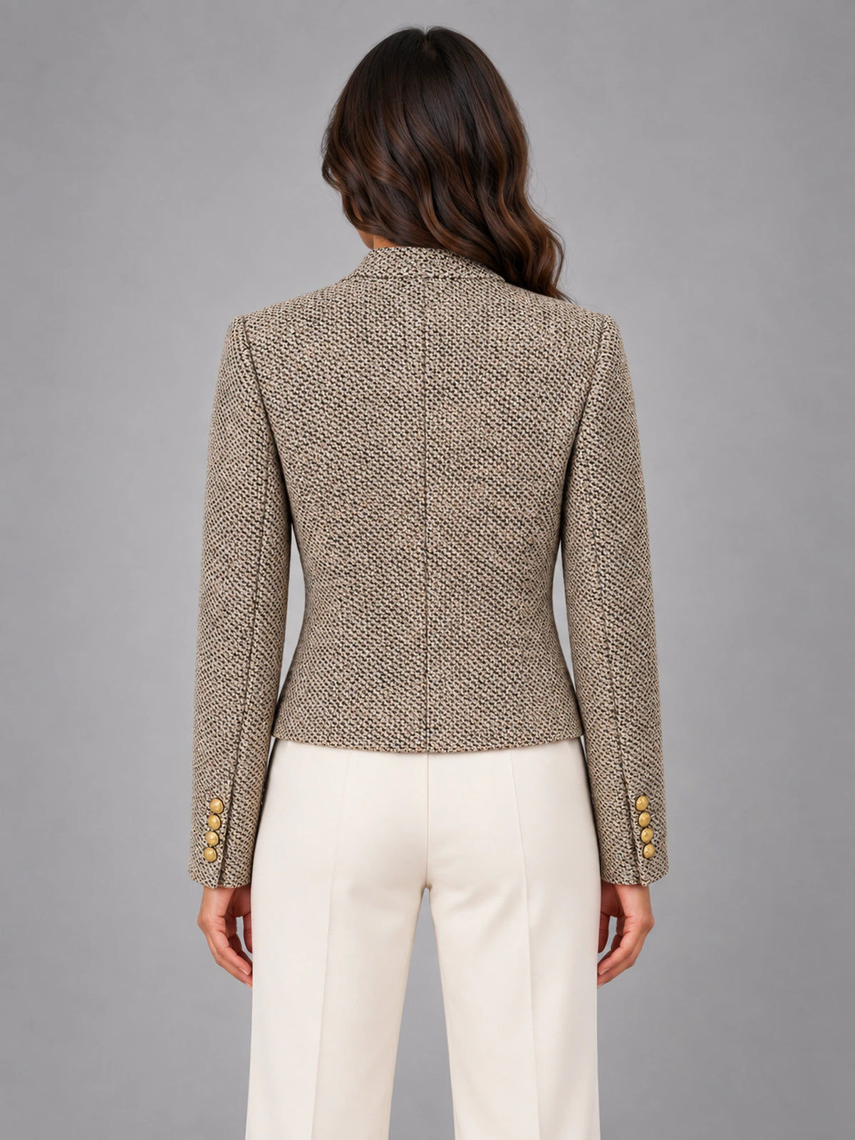 Women's Short Tweed-Style Jacket – Classic Petite in Beige Black Tweed — back view