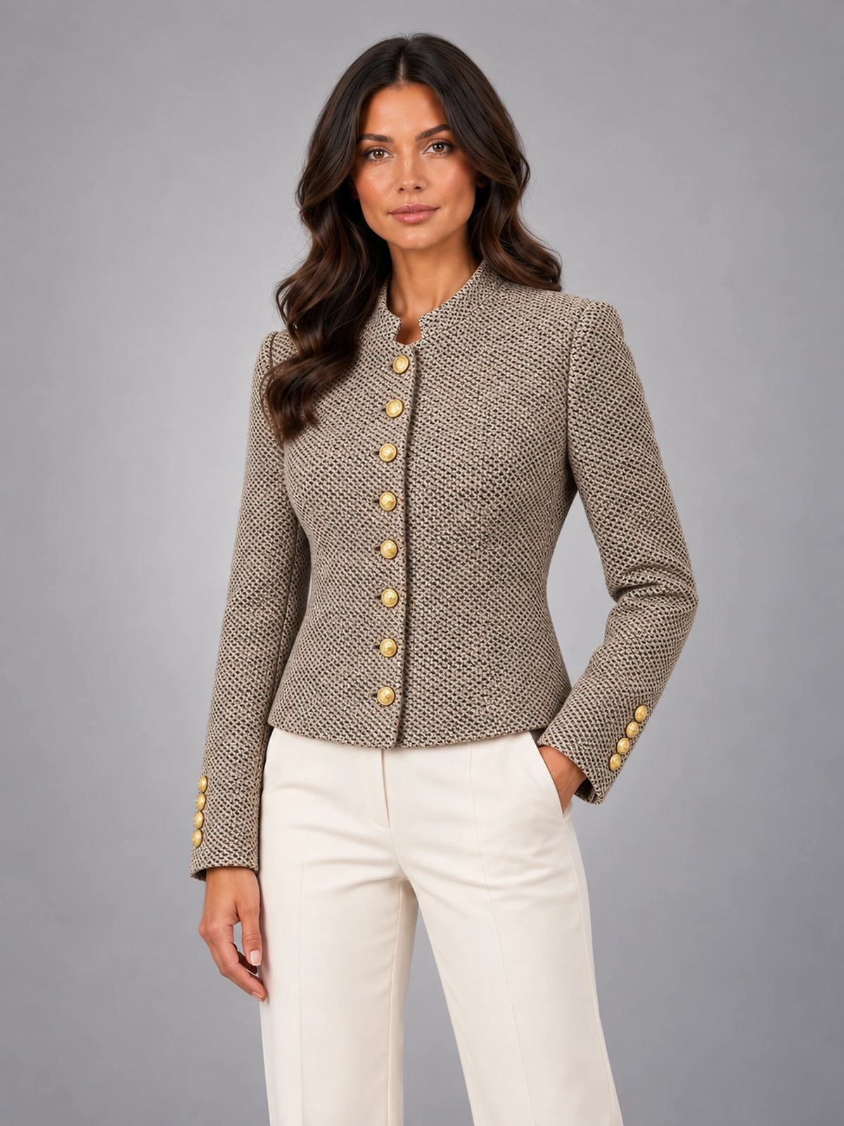 Women's Short Tweed-Style Jacket – Classic Petite in Beige Black Tweed — alternate view