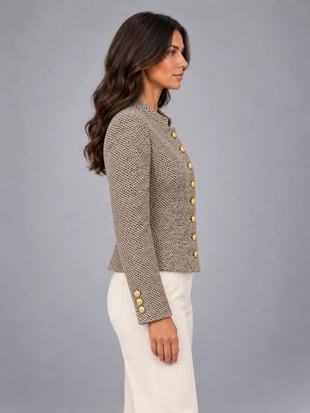 Women's Short Tweed-Style Jacket – Classic Petite in Beige Black Tweed — side view