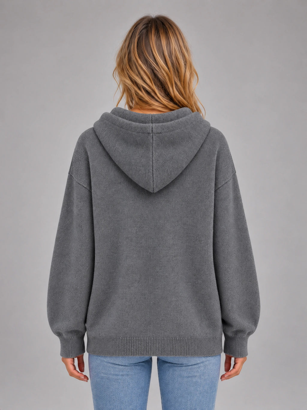 Women's Grey Hooded Knit Jumper – Six Button in Grey — back view