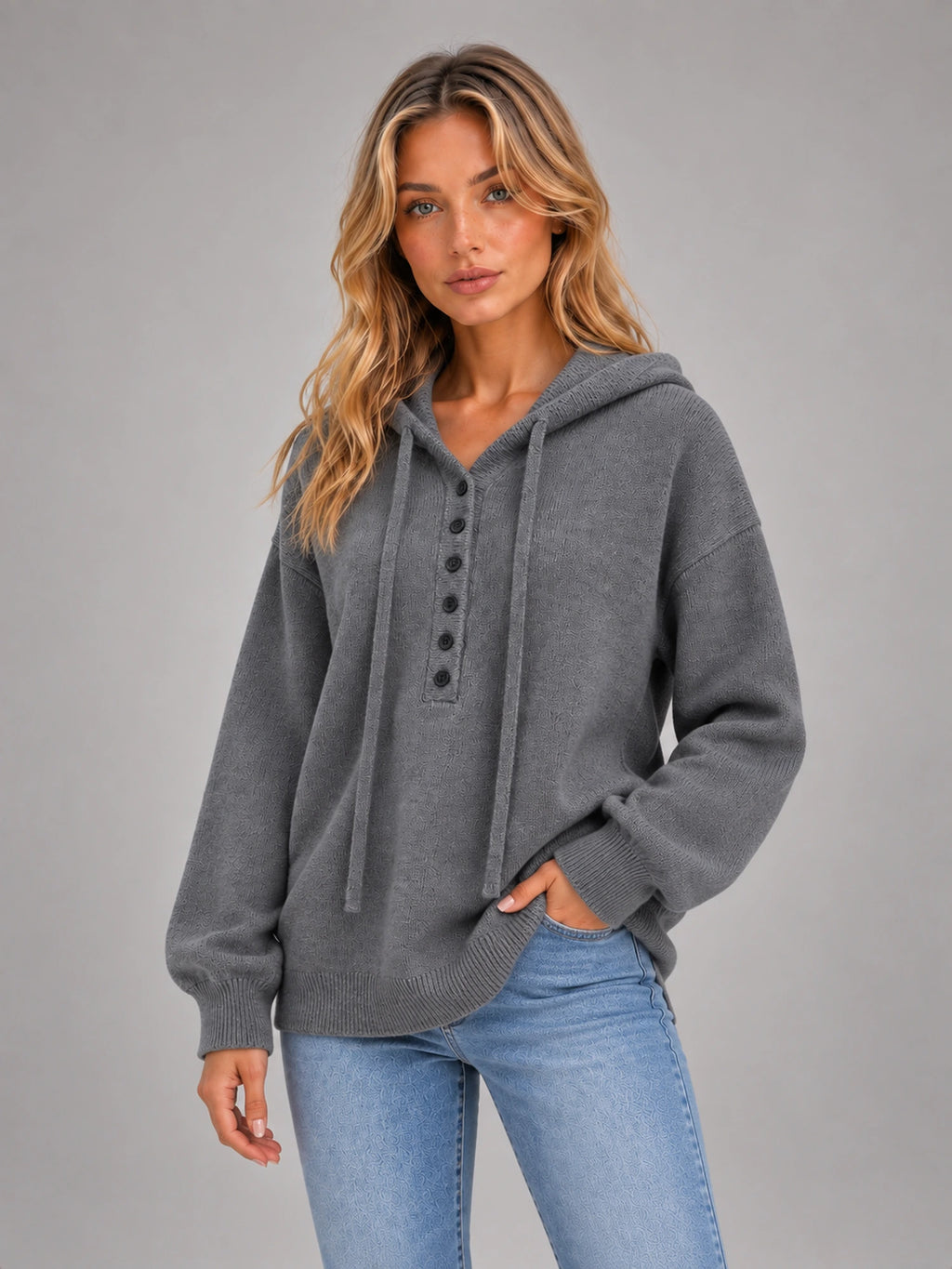 Women's Grey Hooded Knit Jumper – Six Button in Grey — alternate view