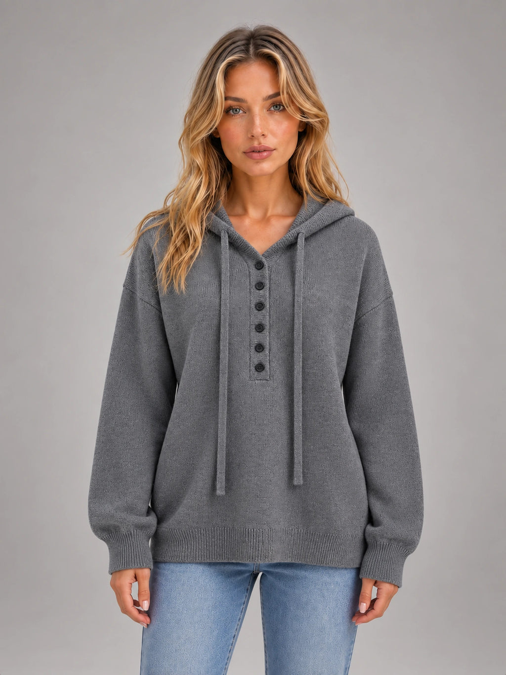Women's Grey Hooded Knit Jumper – Six Button in Grey — front view