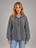 Women's Grey Hooded Knit Jumper – Six Button in Grey — front view
