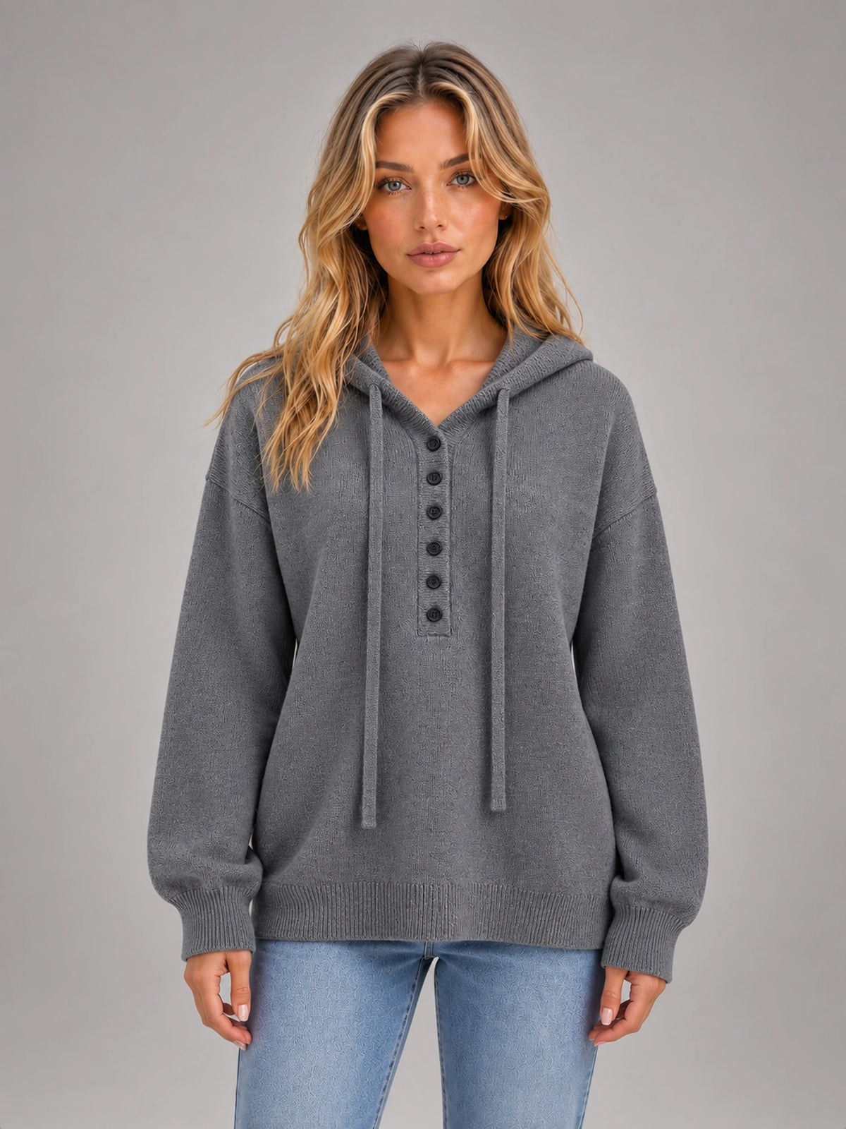 Women's Grey Hooded Knit Jumper – Six Button in Grey — front view
