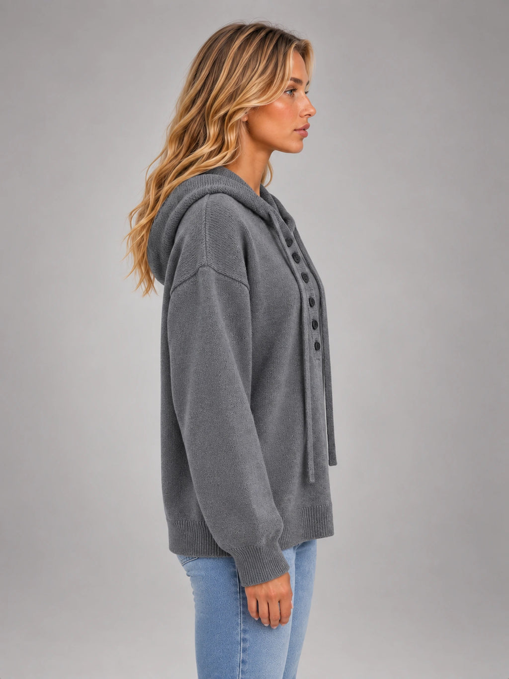 Women's Grey Hooded Knit Jumper – Six Button in Grey — side view