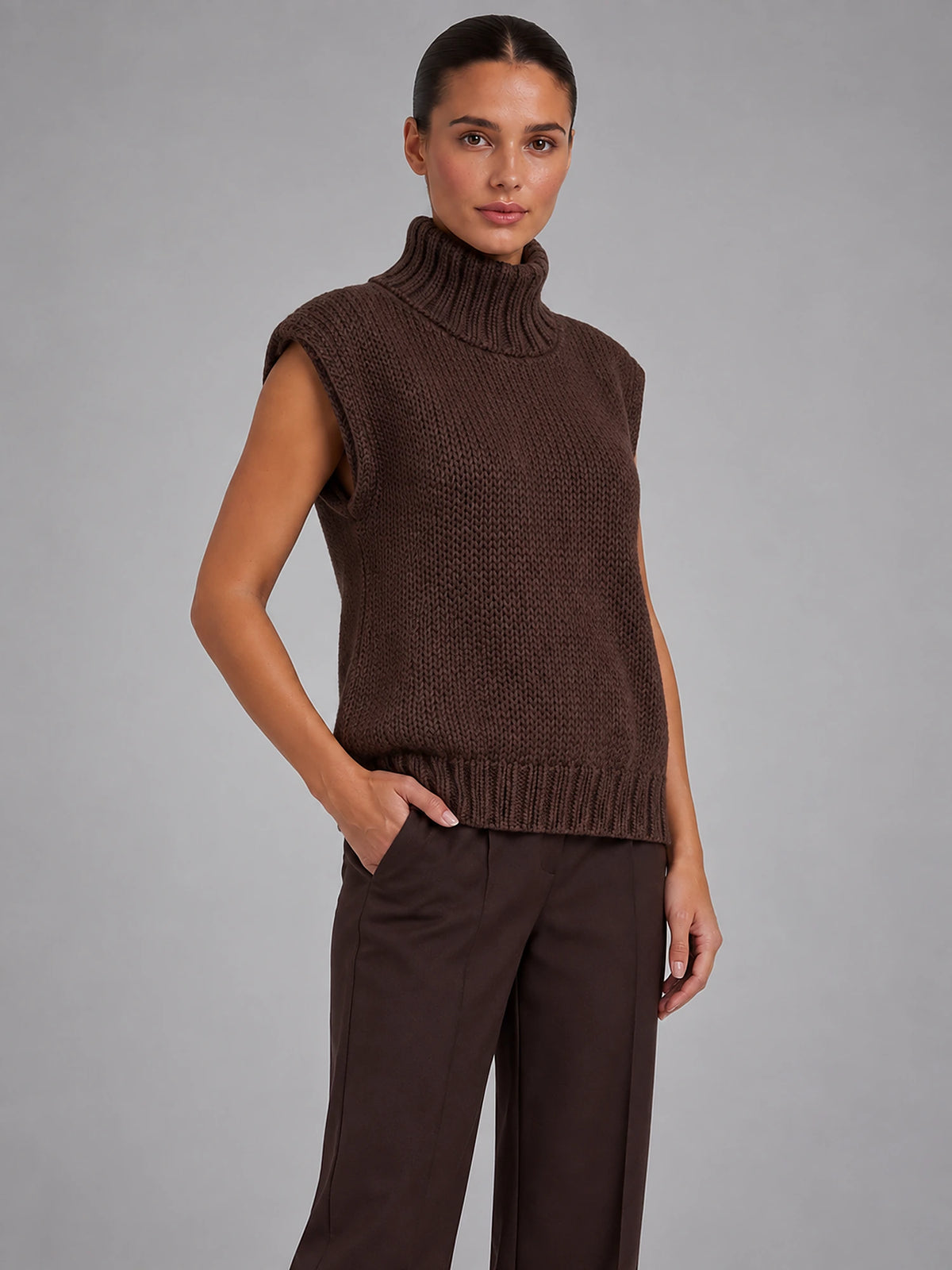 Women's Sleeveless High Neck Knit Top – Relaxed Fit in Brown — alternate view
