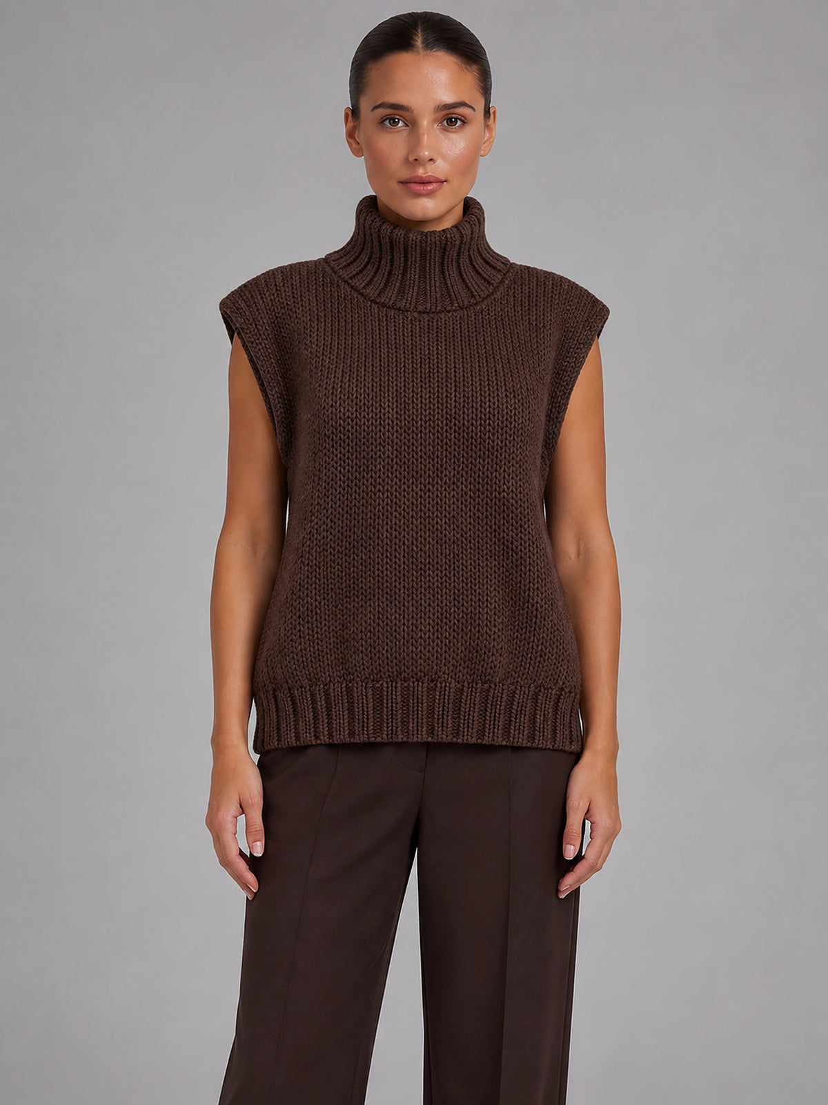 Women's Sleeveless High Neck Knit Top – Relaxed Fit in Brown — front view