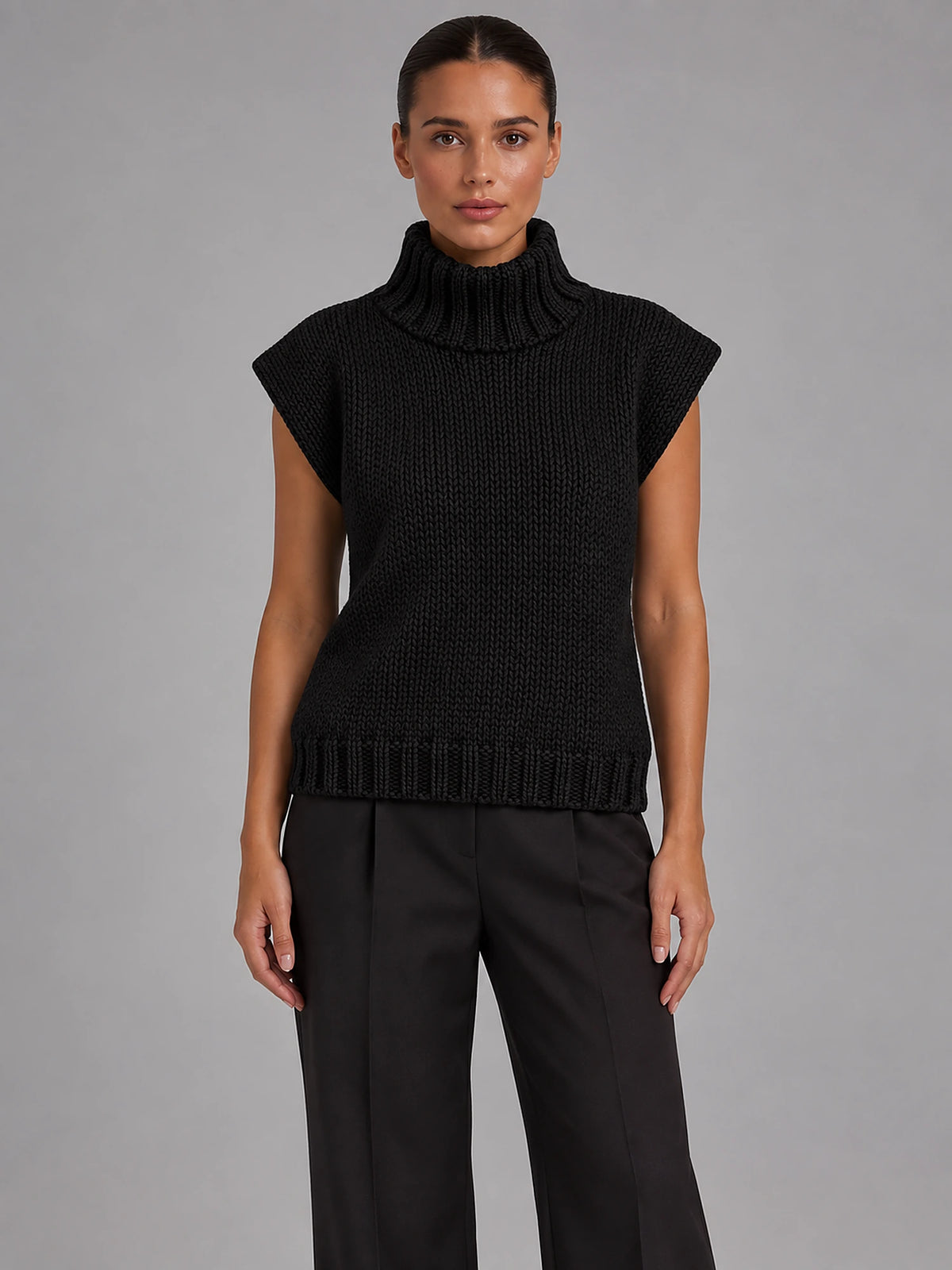 Women's Sleeveless High Neck Knit Top – Relaxed Fit in Charcoal — front view