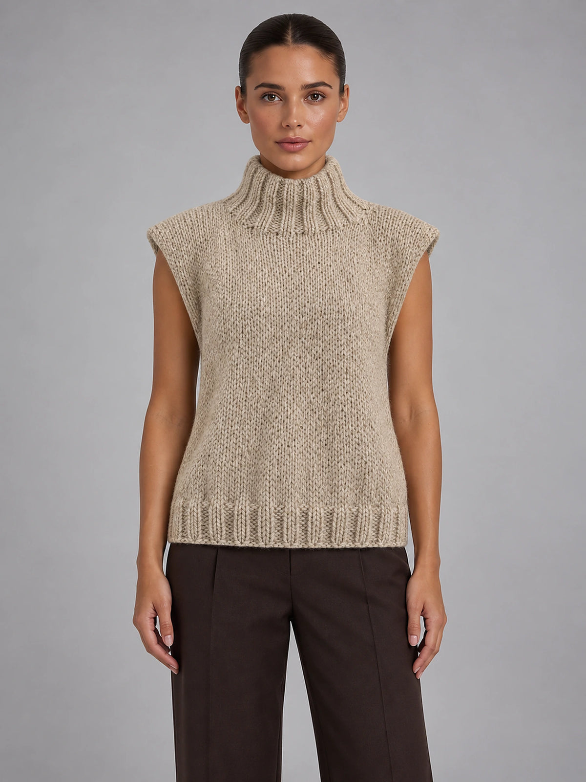 Women's Sleeveless High Neck Knit Top – Relaxed Fit in Dark Apricot — front view