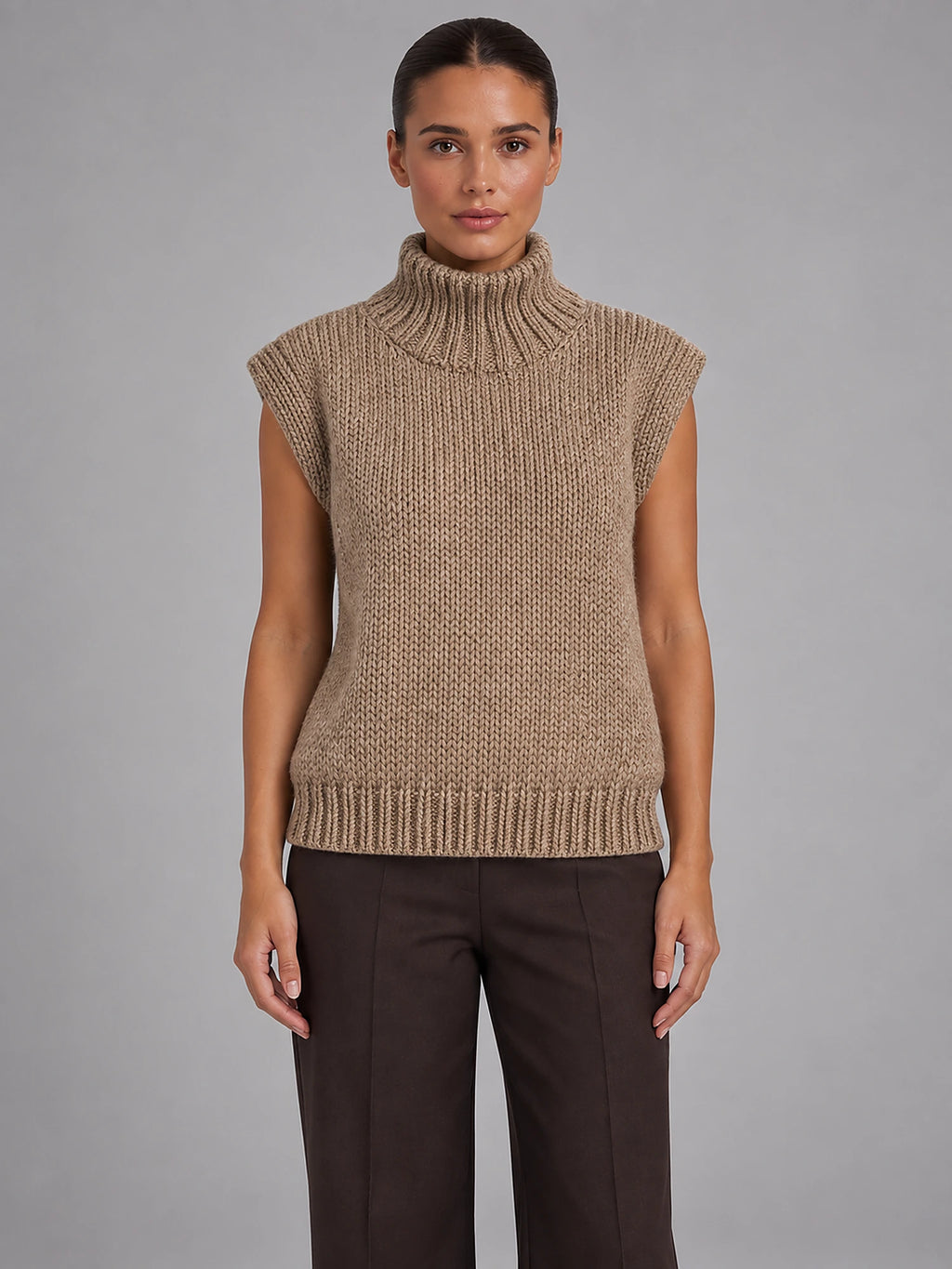 Women's Sleeveless High Neck Knit Top – Relaxed Fit in Khaki — front view