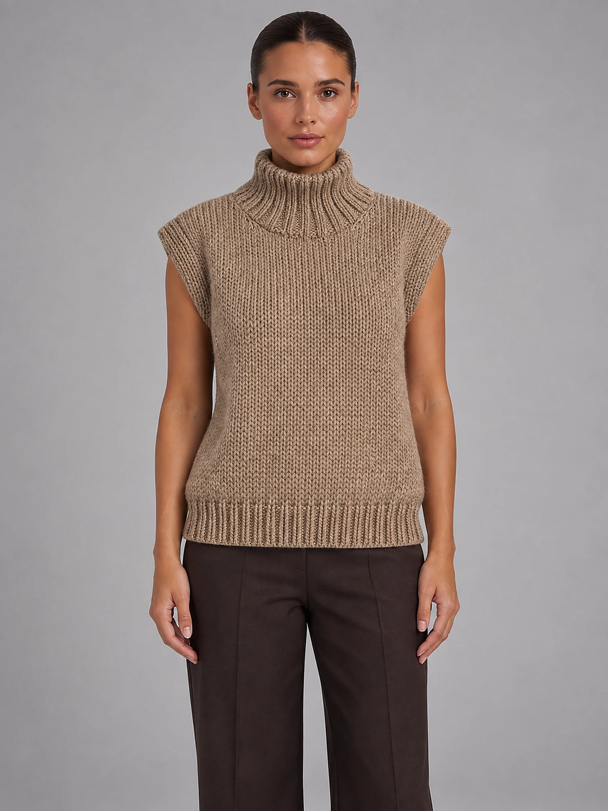 Women's Sleeveless High Neck Knit Top – Relaxed Fit in Khaki — front view