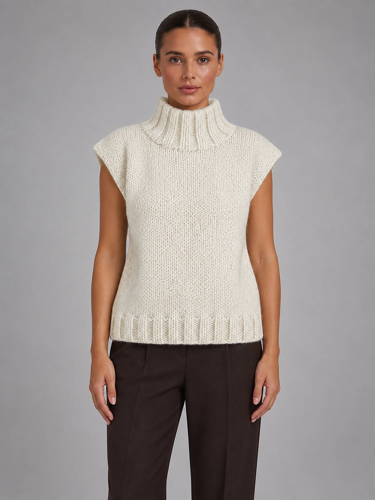 Women's Sleeveless High Neck Knit Top – Relaxed Fit in White — front view