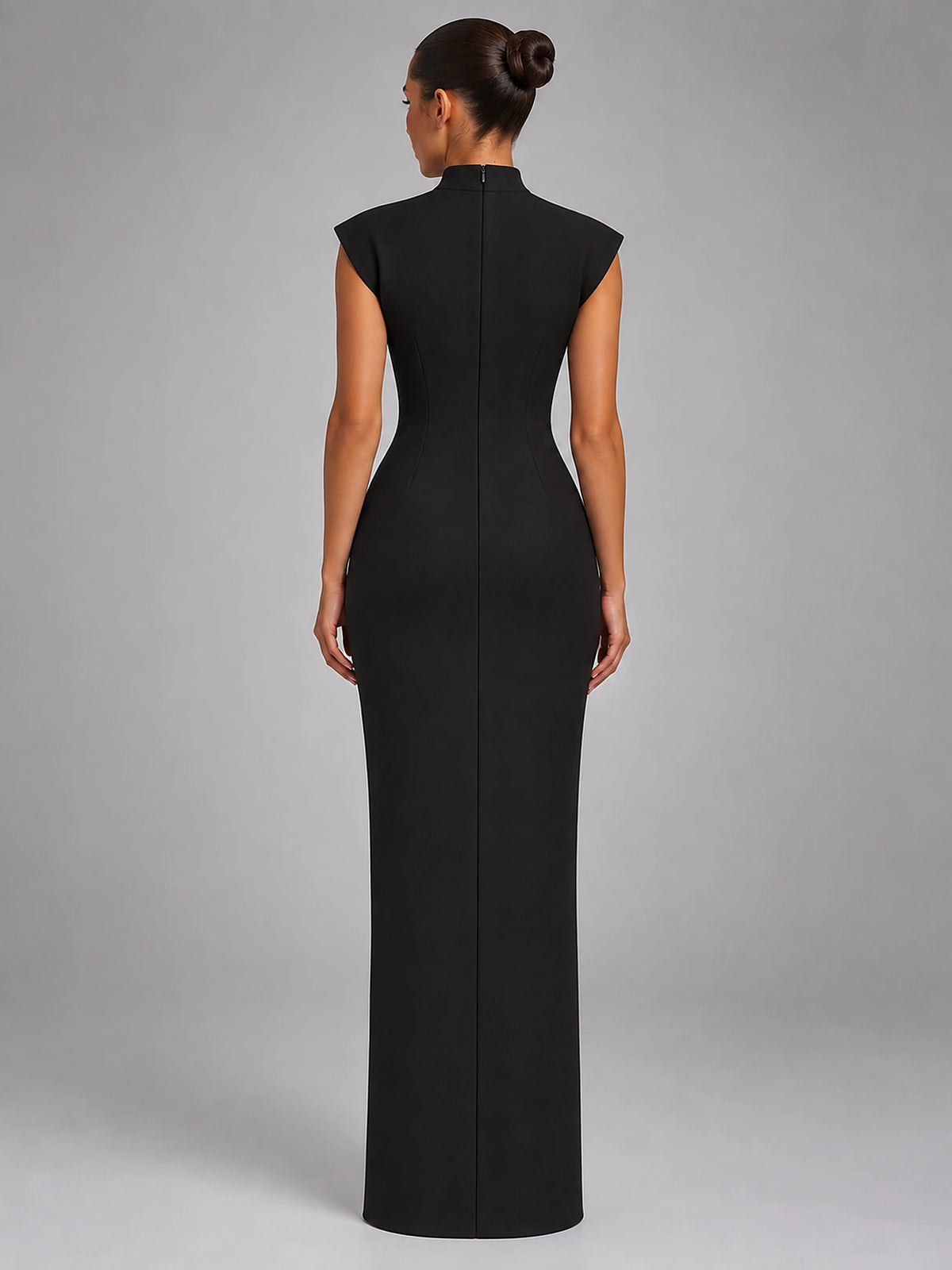 Women's Sleeveless Maxi Dress – High Neck Column in Black — back view