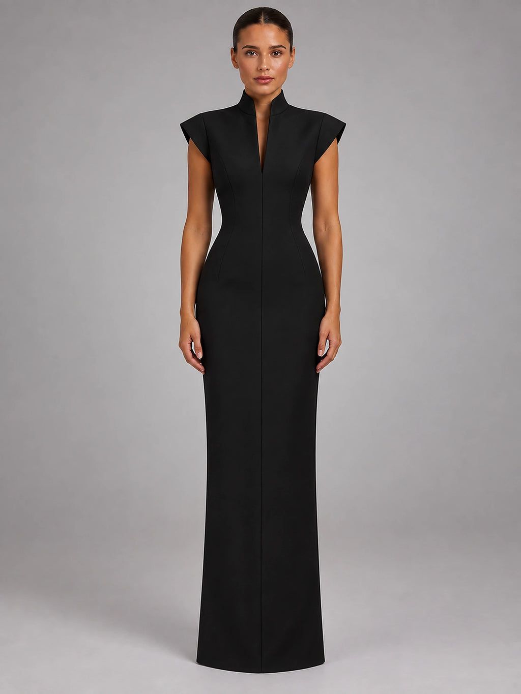 Women's Sleeveless Maxi Dress – High Neck Column in Black — front view