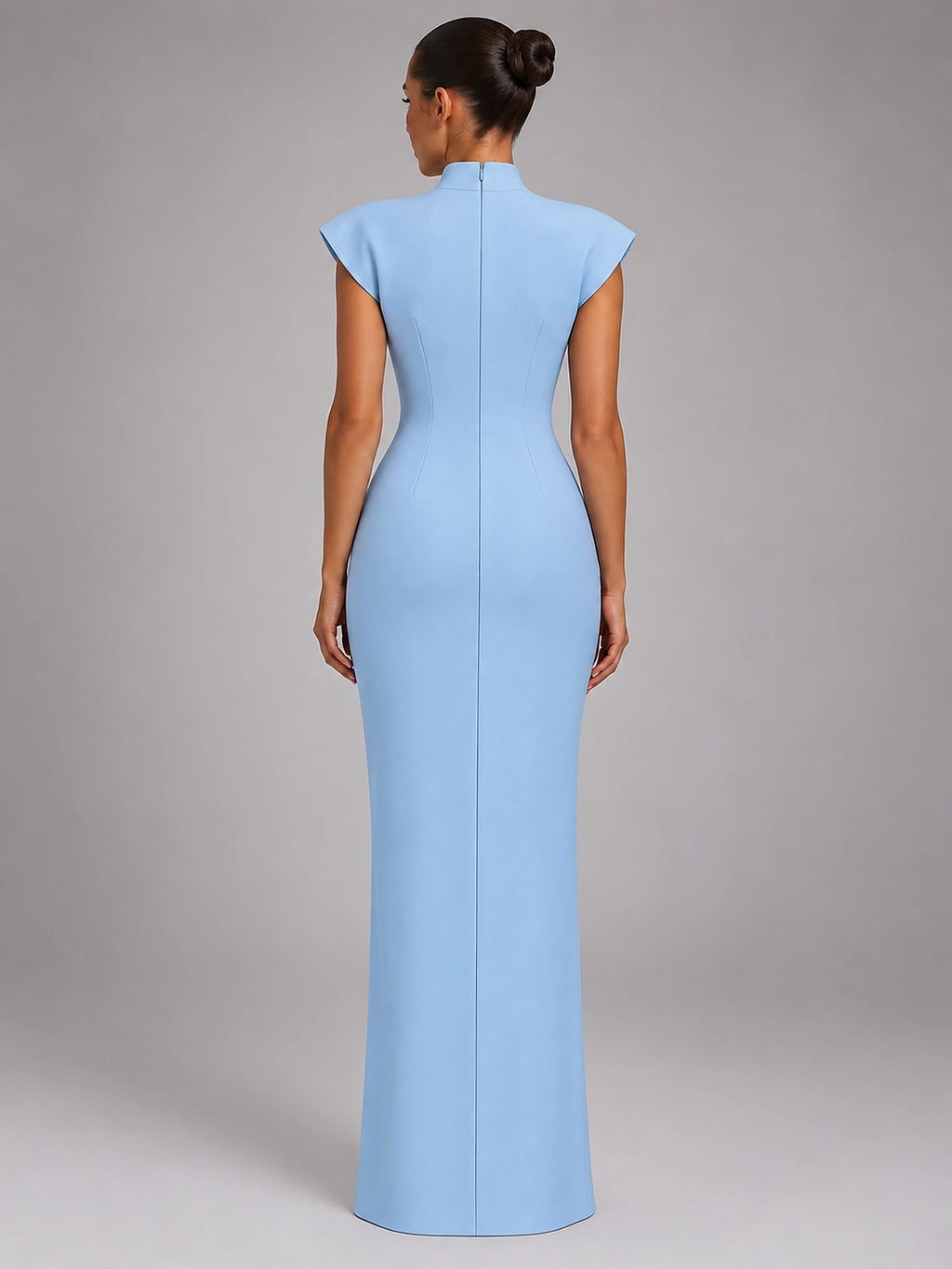 Women's Sleeveless Maxi Dress – High Neck Column in Blue — back view