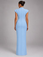 Women's Sleeveless Maxi Dress – High Neck Column in Blue — back view