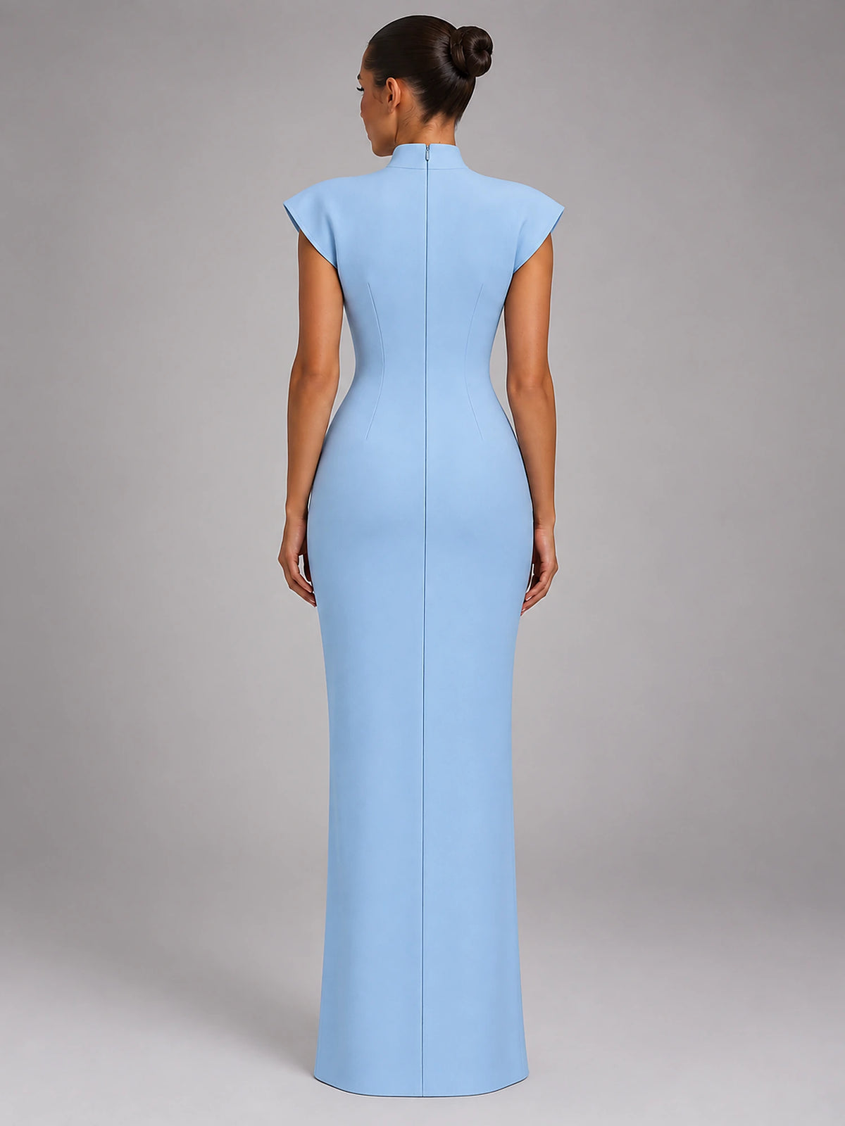 Women's Sleeveless Maxi Dress – High Neck Column in Blue — back view