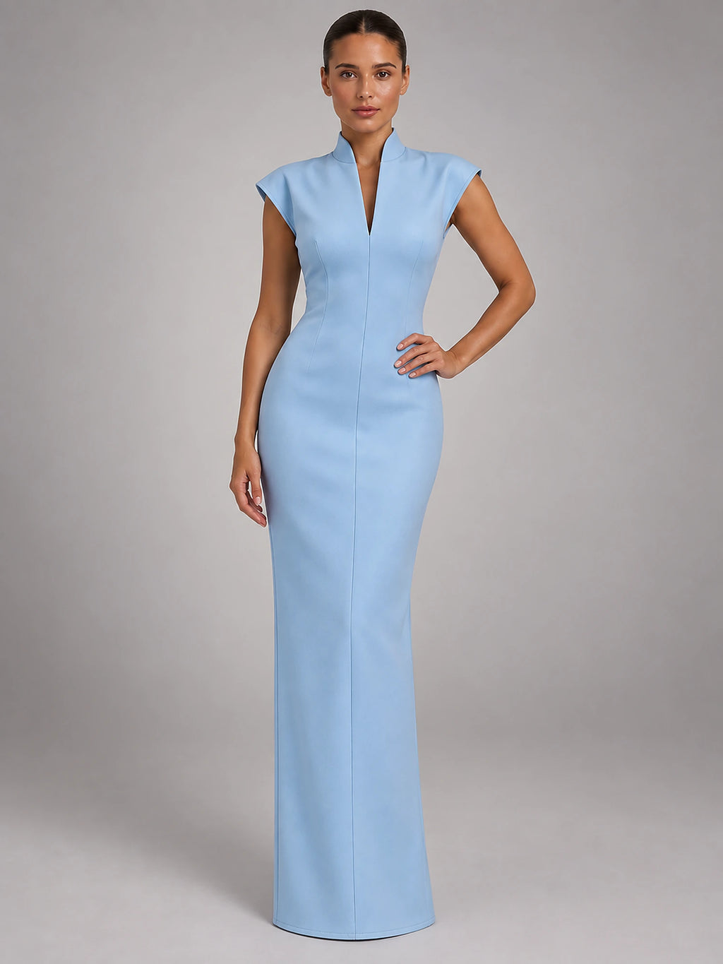 Women's Sleeveless Maxi Dress – High Neck Column in Blue — alternate view