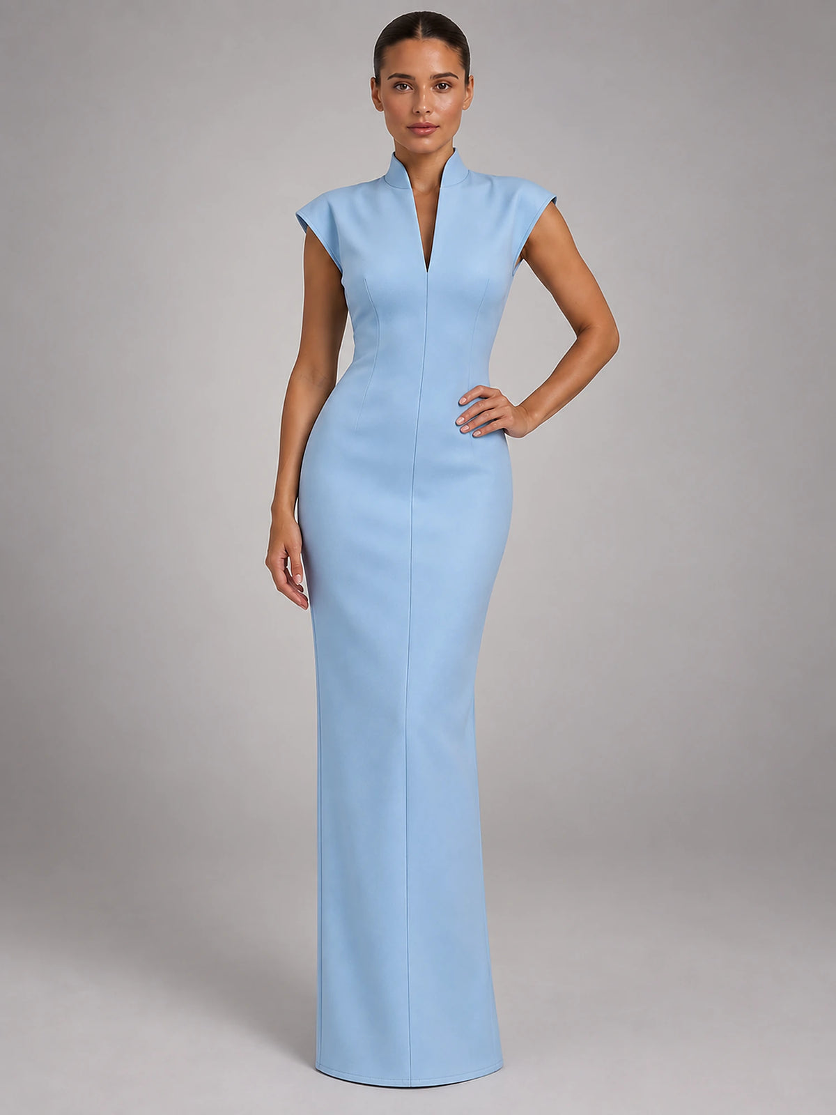 Women's Sleeveless Maxi Dress – High Neck Column in Blue — alternate view