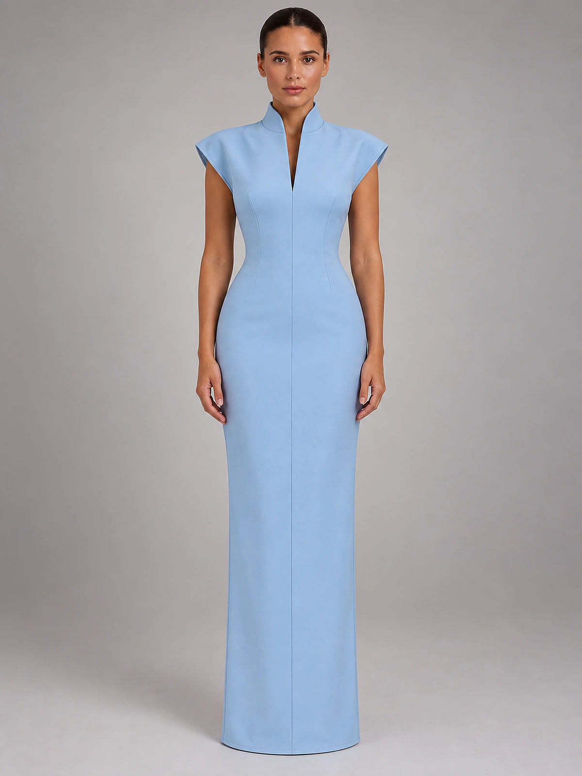 Women's Sleeveless Maxi Dress – High Neck Column in Blue — front view