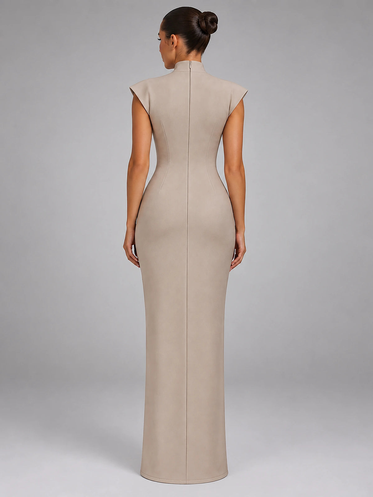 Women's Sleeveless Maxi Dress – High Neck Column in Khaki — back view