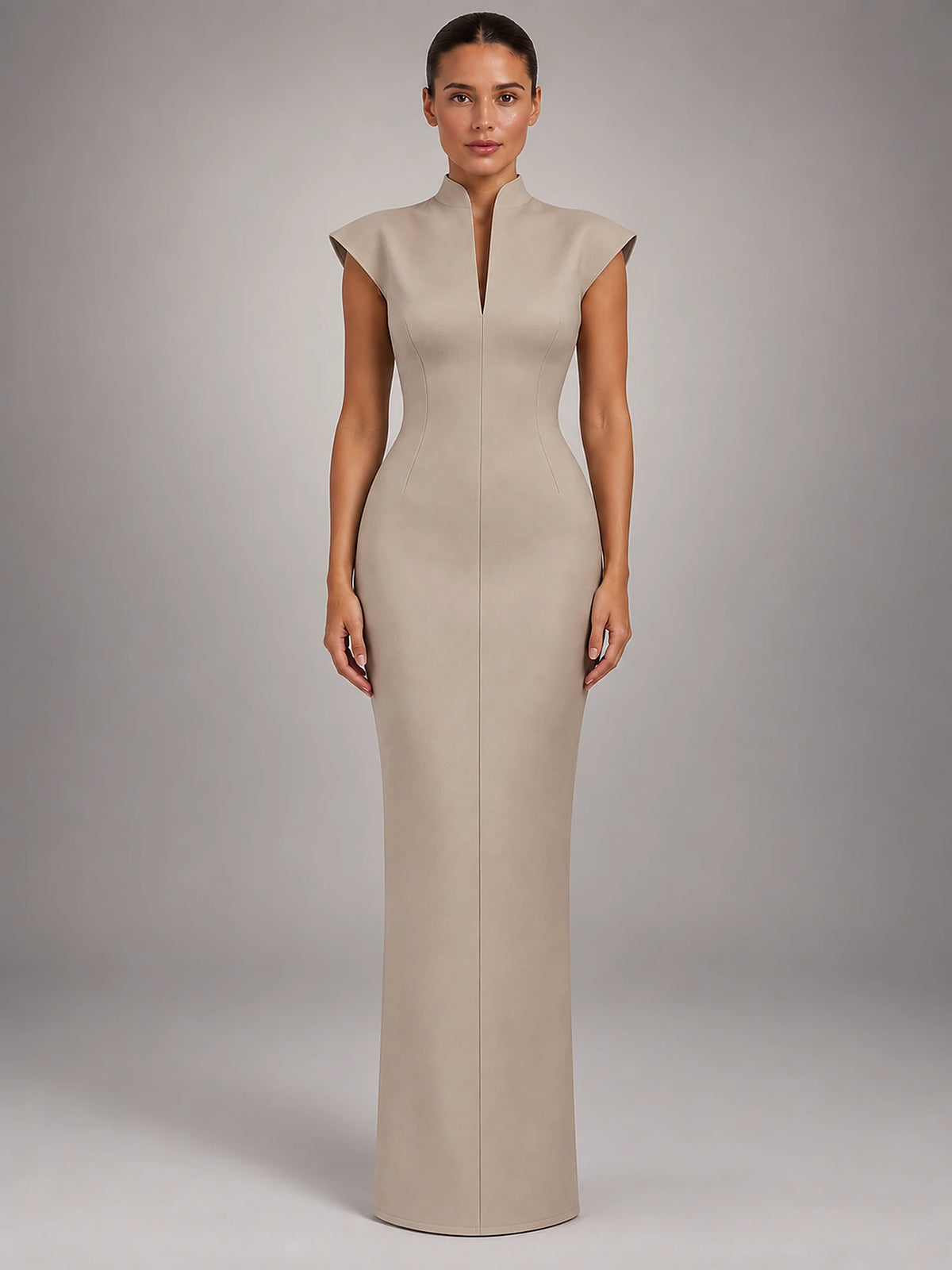 Women's Sleeveless Maxi Dress – High Neck Column in Khaki — front view