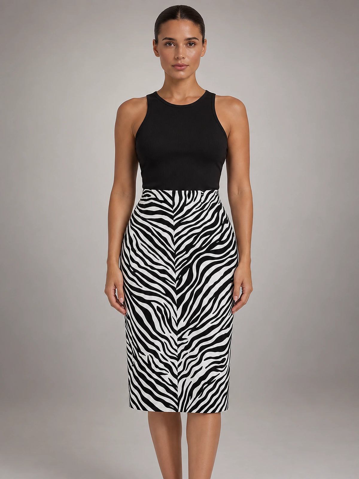 Women's Animal Print Pencil Skirt – High Waist Knee Length in Black/White Zebra — front view