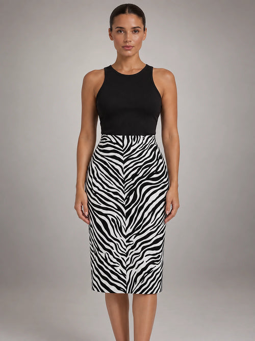 Women's Animal Print Pencil Skirt – High Waist Knee Length in Black/White Zebra — front view