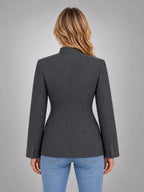 Women's Stand Collar Blazer – Buttoned Long Sleeve in Charcoal — back view