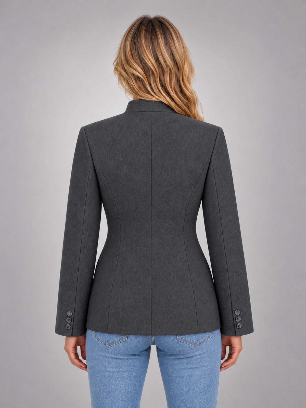 Women's Stand Collar Blazer – Buttoned Long Sleeve in Charcoal — back view