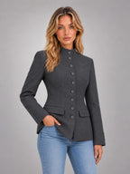 Women's Stand Collar Blazer – Buttoned Long Sleeve in Charcoal — alternate view
