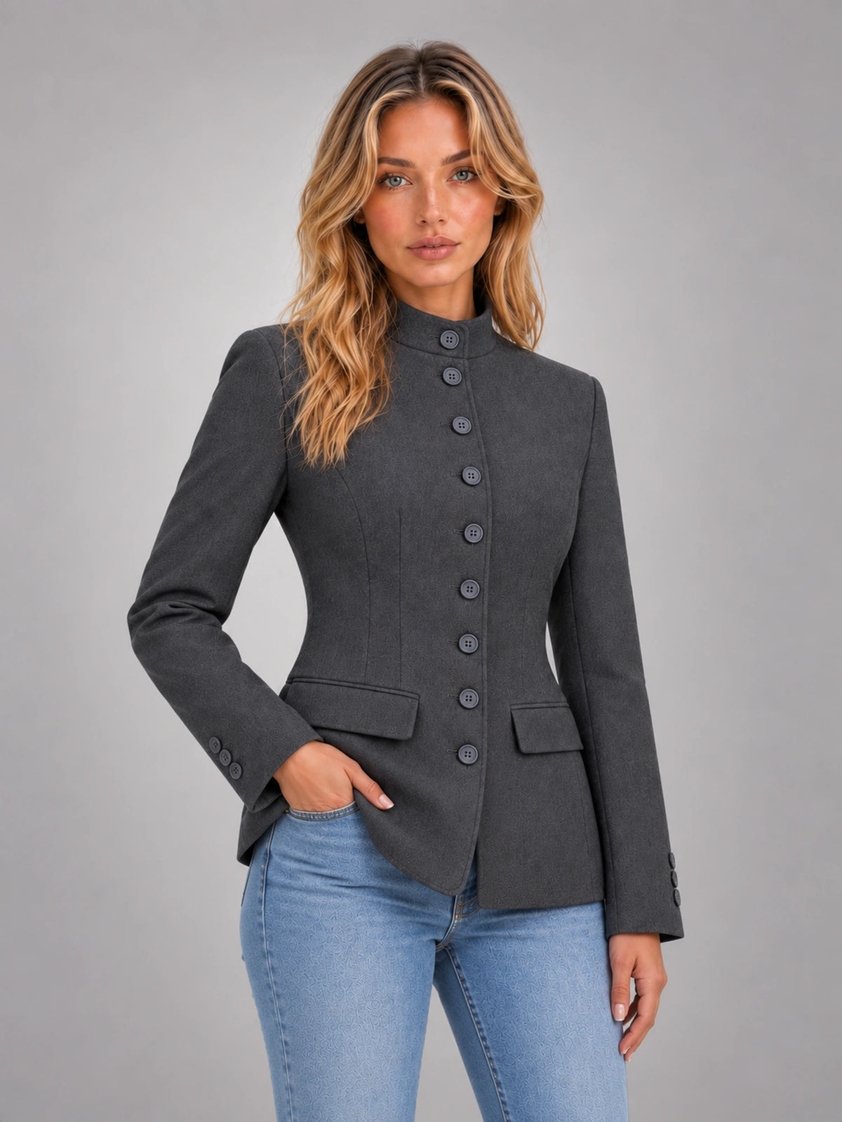 Women's Stand Collar Blazer – Buttoned Long Sleeve in Charcoal — alternate view