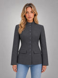 Women's Stand Collar Blazer – Buttoned Long Sleeve in Charcoal — front view