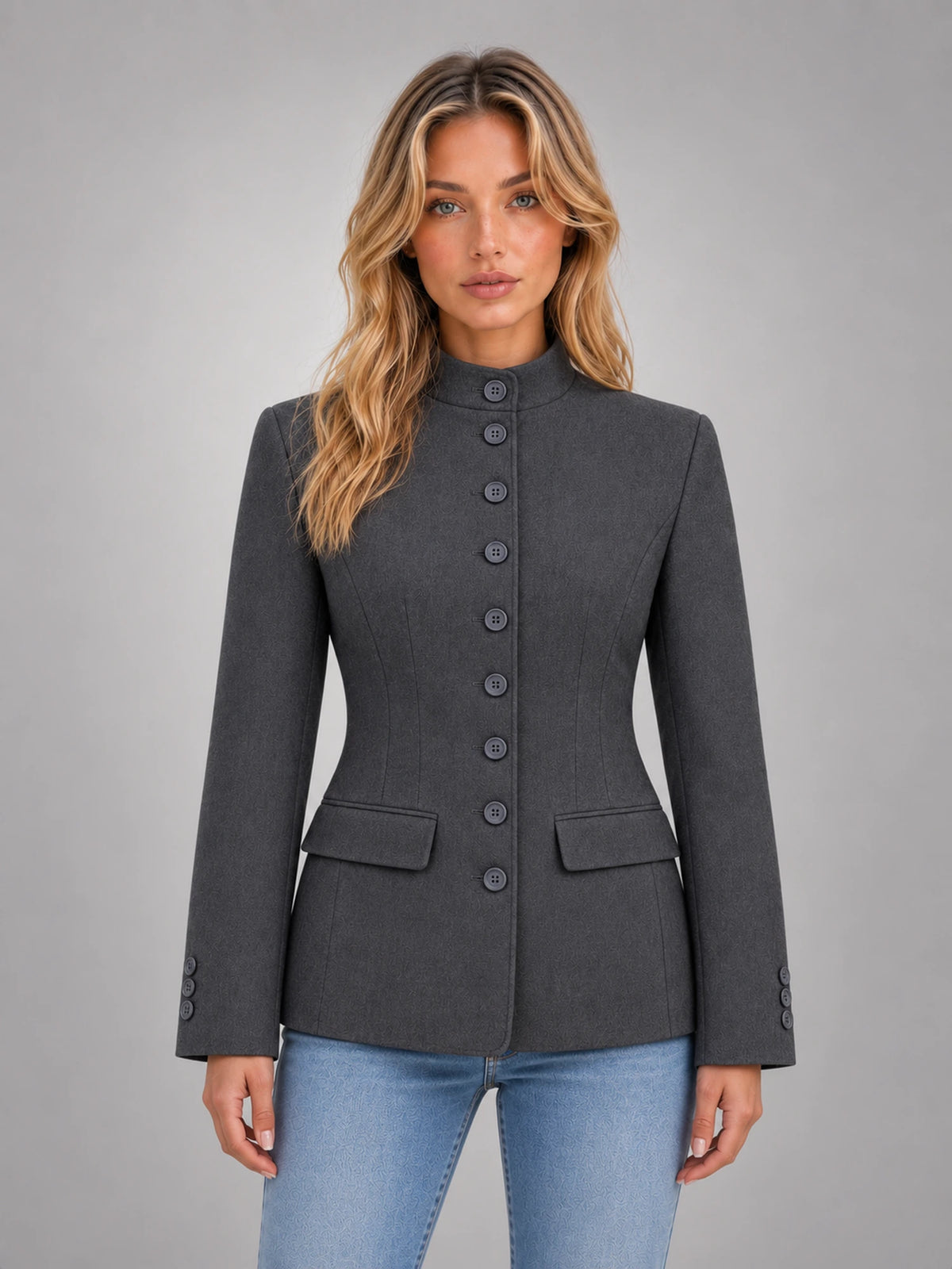 Women's Stand Collar Blazer – Buttoned Long Sleeve in Charcoal — front view