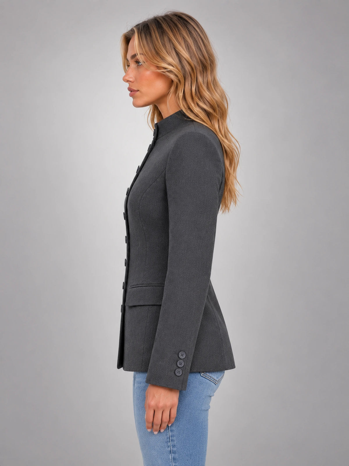 Women's Stand Collar Blazer – Buttoned Long Sleeve in Charcoal — side view