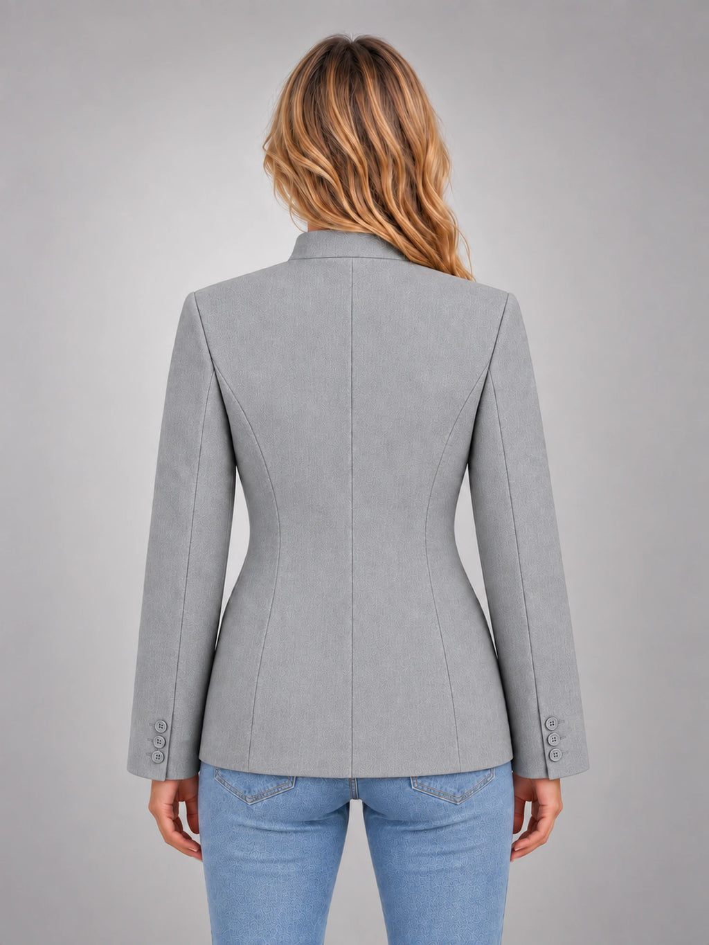 Women's Stand Collar Blazer – Buttoned Long Sleeve in Light Grey — back view