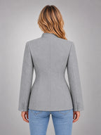 Women's Stand Collar Blazer – Buttoned Long Sleeve in Light Grey — back view