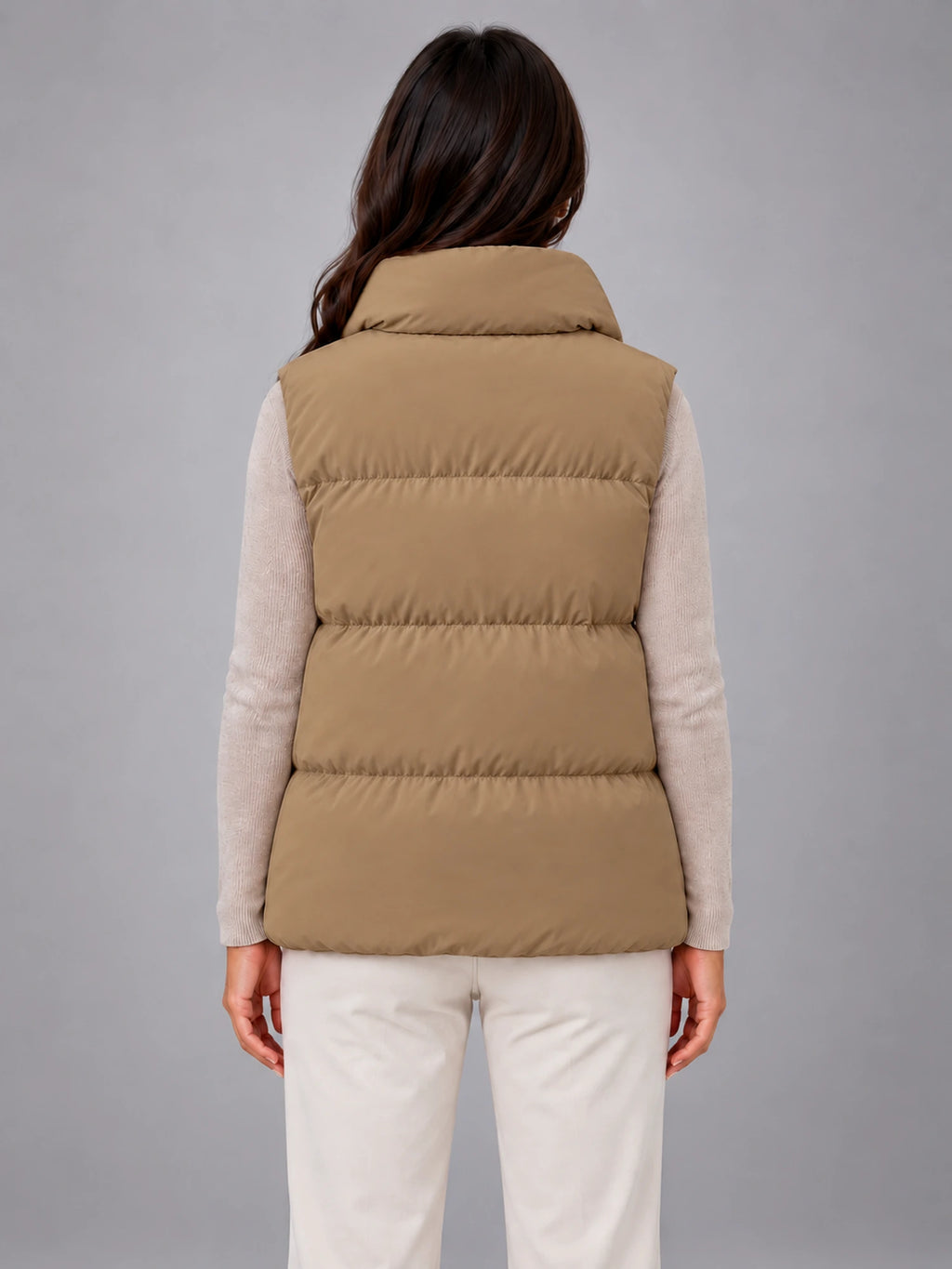 Women's Stand Collar Down Gilet – Relaxed in Camel Khaki — back view