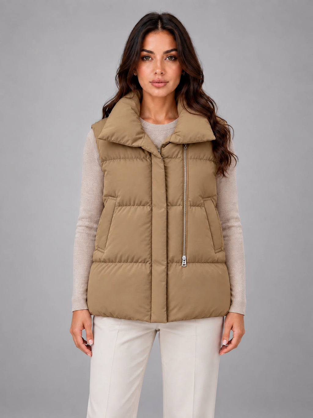 Women's Stand Collar Down Gilet – Relaxed in Camel Khaki — front view