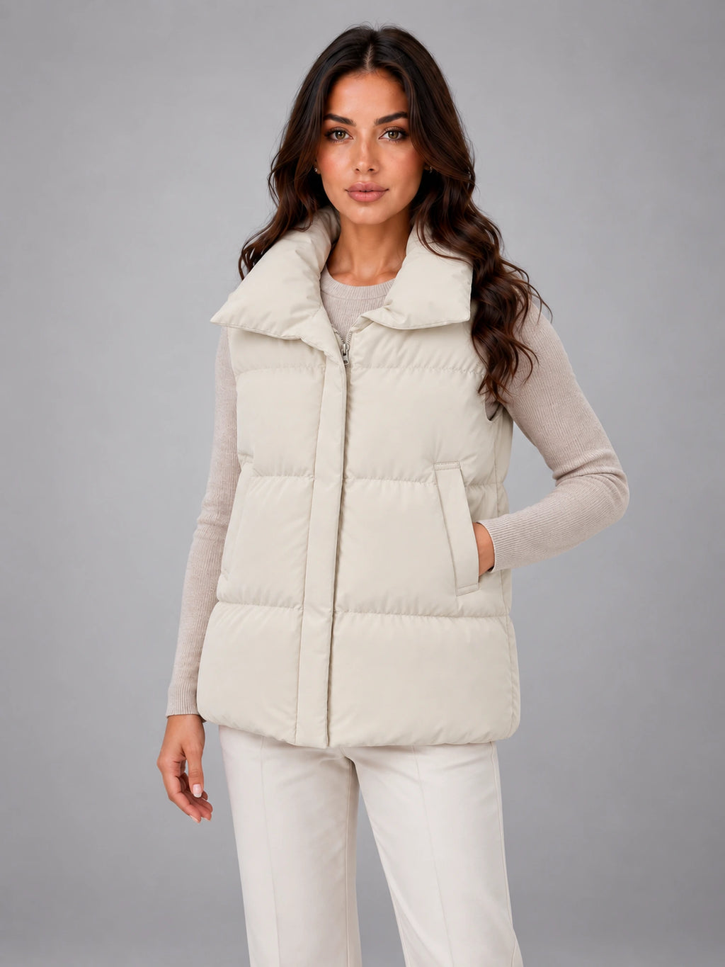 Women's Stand Collar Down Gilet – Relaxed in Ivory — alternate view